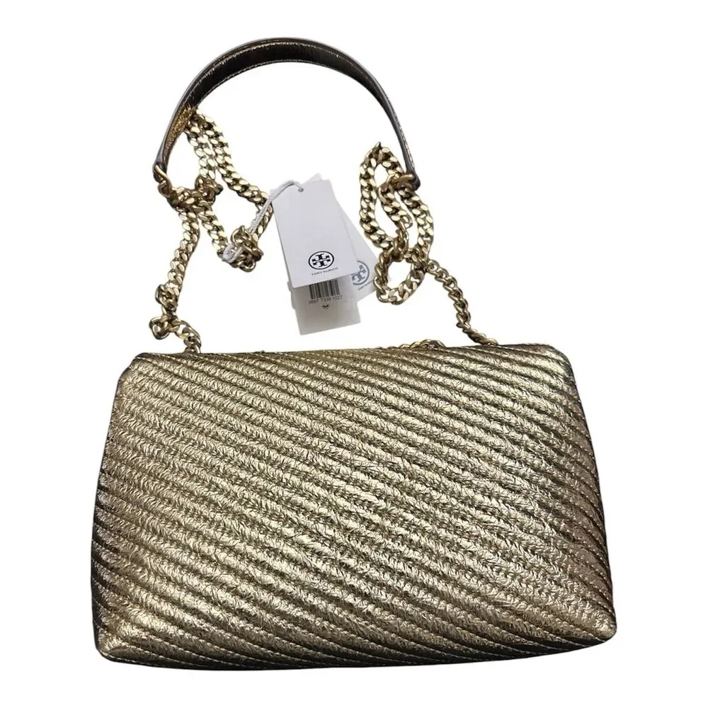 Tory Burch Kira Metallic Moto Quilt Small Convertible Shoulder Bag Gold New